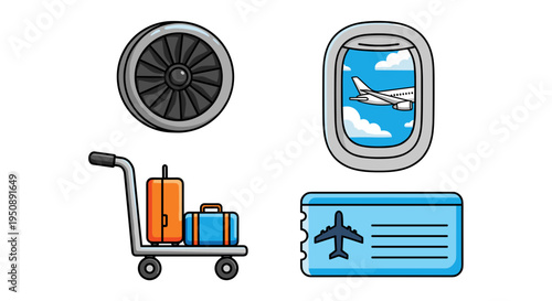 Collection of flat design icons representing air travel elements airplane window view jet engine luggage cart