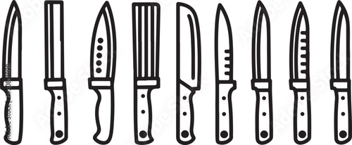 Assorted knives with unique designs and handles displayed in a row Vector