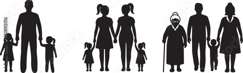 Diverse Family Silhouettes Holding Hands Isolated on White Background