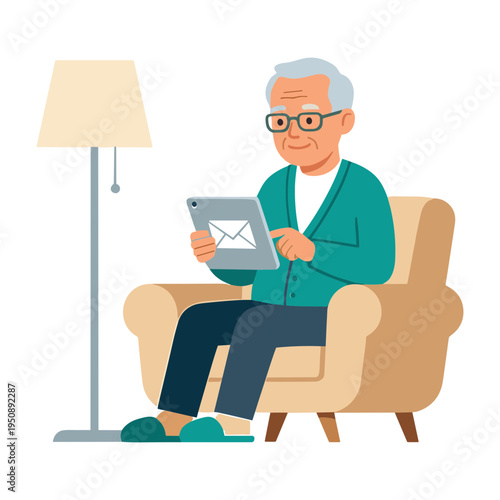 Elderly man sitting in armchair reading email on tablet next to lamp