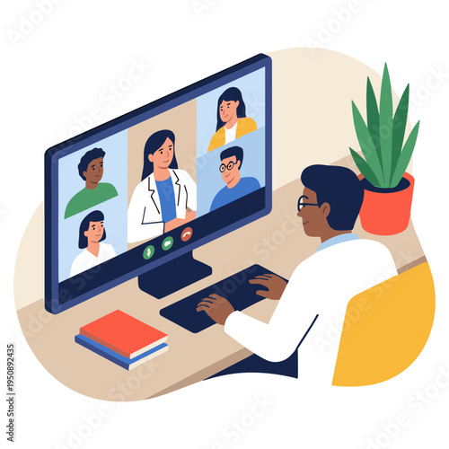 A woman participates in a virtual meeting on her computer with multiple people.