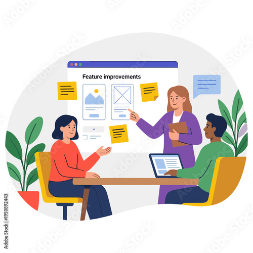 People discuss improvements on a computer screen in a meeting