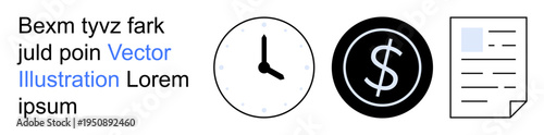 Time management, financial planning, business workflows, contracts, bookkeeping, and organization. Clock, dollar sign and document symbols. Time management and financial planning concepts