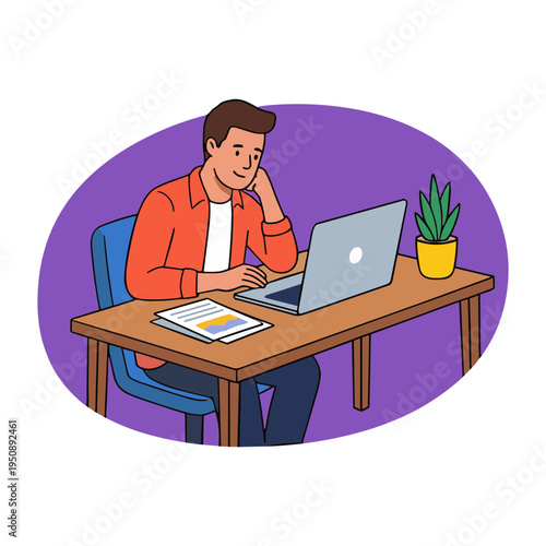 Man sitting at desk working on laptop with papers and plant