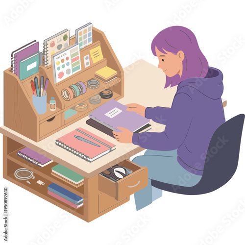 A woman sits at a cluttered desk with notebooks and office supplies.