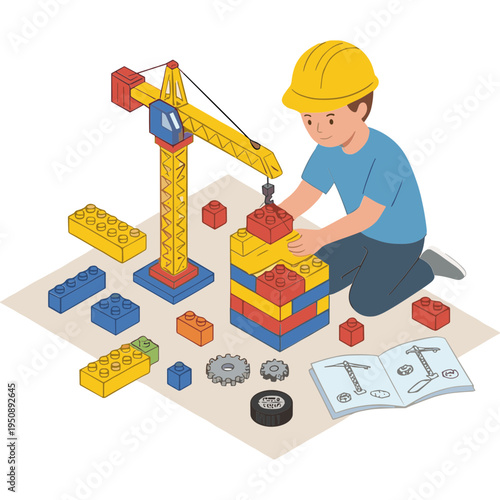 A boy builds a colorful block tower using a crane on the floor.