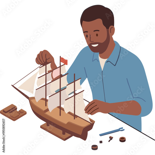 A man is building a wooden ship model on a table indoors.