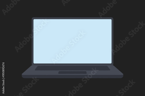 Minimalist vector illustration of an open laptop computer with a blank light blue screen and dark grey body, isolated on a black background, ideal for technology, business, and digital workspace.