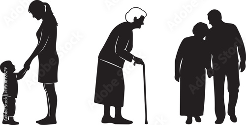 Generations Silhouettes: Mother Child Elderly Woman Couple Isolated on white background