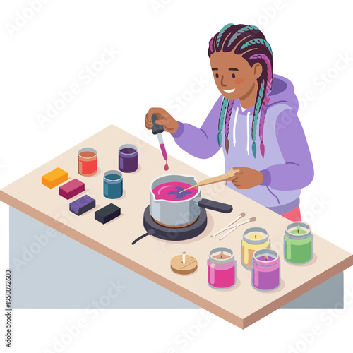 A woman with colorful braids pours hot pink liquid into a candle mold on a table with various colorful candles and supplies.