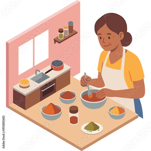 Woman cooking food in a kitchen with various spices and ingredients on the counter.