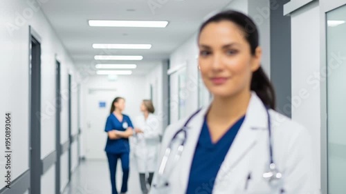 Female doctor in hospital corridor smiling.