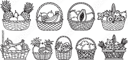 Assorted baskets filled with various fruits and vegetables in a detailed illustration Vector