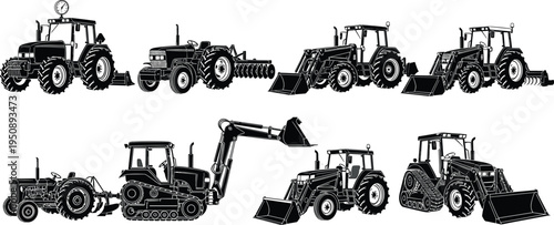 Black and white vector silhouette collection of modern agricultural tractors, heavy machinery, backhoe loaders, and crawler farm equipment isolated on a clean white background.