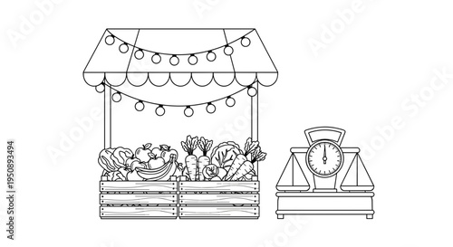Hand drawn illustration of a charming rustic market stall overflowing with fresh produce illuminated by string lights