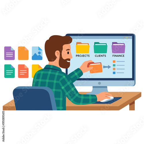 Man working on computer with files and folders on screen in office