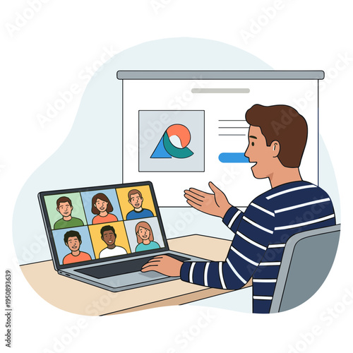 Man presents to virtual meeting on laptop with projector screen behind