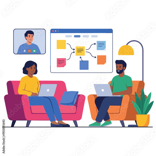 Two people collaborate on laptops in living room with flowchart