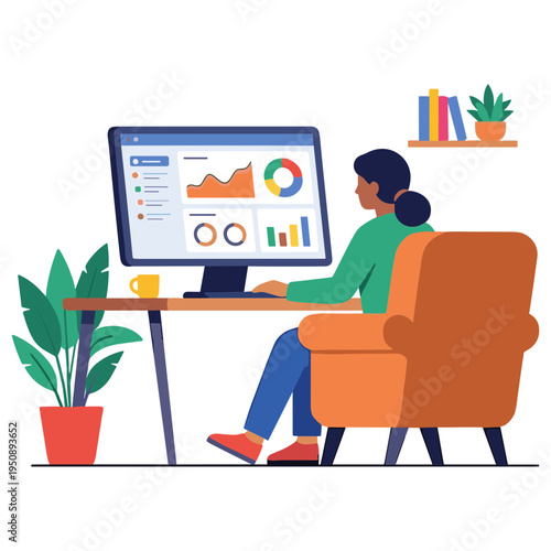 Woman sitting at desk analyzing data on computer screen with plants nearby