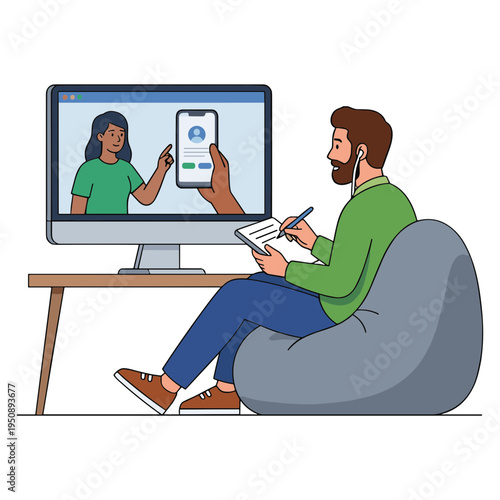 Man sitting on beanbag chair video calling woman on computer screen
