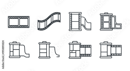 Collection of vintage film rolls and canisters in a clean white background retro photography icons analog media