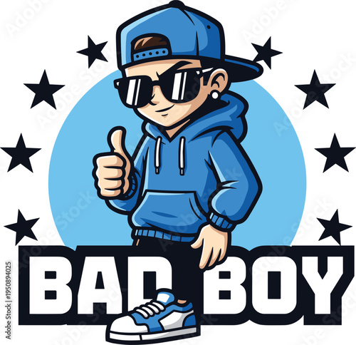 Cool bad boy mascot vector character wearing blue hoodie and sunglasses giving a thumbs up sign with stars and urban street style typography