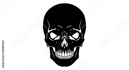 Black human skull with glowing white eyes and bared teeth a stark symbol of mortality and danger against a clean white