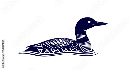 Stylized dark blue loon bird swimming on water surface with abstract tribal patterns on body minimalist vector