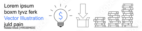 Financial planning, investment strategies, technology, innovation, income growth, business ideas. Light bulb, download box stacked coins icon. Financial planning and investment strategies concept