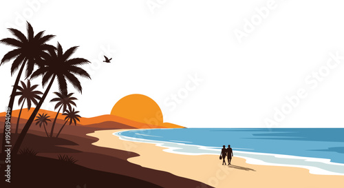 Serene tropical beach sunset with silhouette palm trees and couple walking along the shore vibrant orange sun