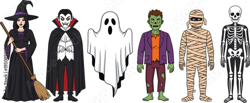 Collection of Cartoon Halloween Characters Featuring Witch Vampire Ghost Zombie Mummy and Skeleton in Flat Vector Style for Spooky Party Invitations a