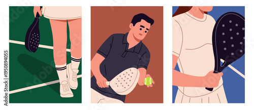Flat vector set of padel tennis scenes with players holding rackets and balls on the court. Perfect for sports concepts, padel training, racket sports promotion, fitness graphics, poster, banner