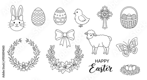 Collection of hand drawn easter icons featuring bunny chick lamb eggs basket wreath and cross for festive spring