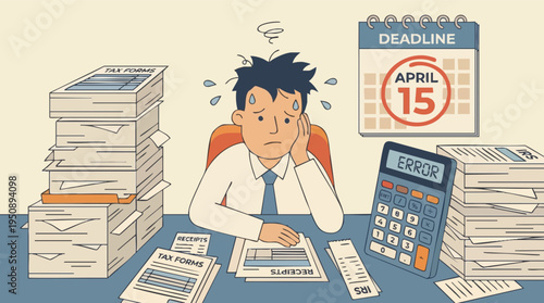 Stressed businessman overwhelmed by piles of tax forms