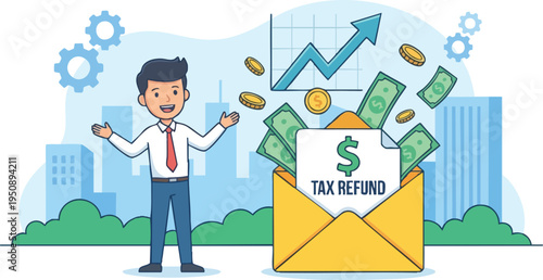 Happy man celebrating tax refund with envelope and money