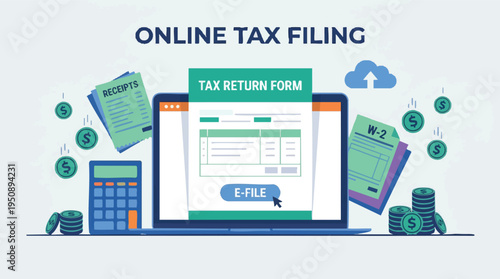 Online tax filing concept on laptop with e-file button