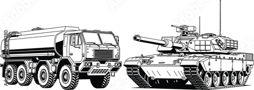 Detailed line art illustration of military tank and heavy tanker truck isolated on light background representing armored vehicle transport logistics defense technology