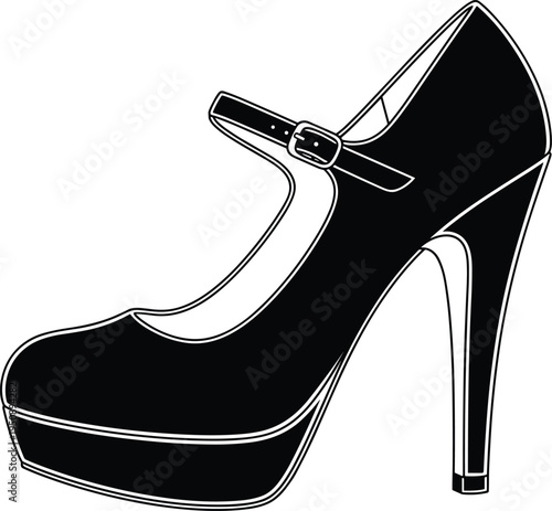 Elegant high heel platform shoe with ankle strap black silhouette illustration isolated on light background representing women fashion footwear style glamour accessory