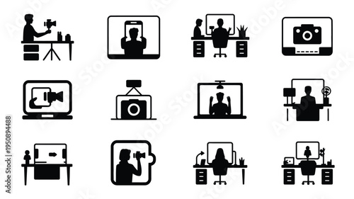 Social media influencer workspace icons set with people creating content on laptops and cameras