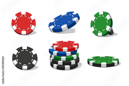 Set of realistic vector poker and casino chips isolated on white. Colorful gambling tokens in red, blue, green, and black for betting, games of chance, and casino graphic design elements.
