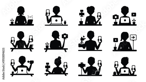 Social media influencers workspace with silhouettes creating content on laptops and smartphones