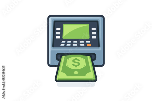 Flat Vector Illustration of an ATM Machine Dispensing a Green Dollar Bill, Automated Teller Machine Cash Withdrawal Icon for Banking, Finance, Money Transactions, and Financial Services Concept.