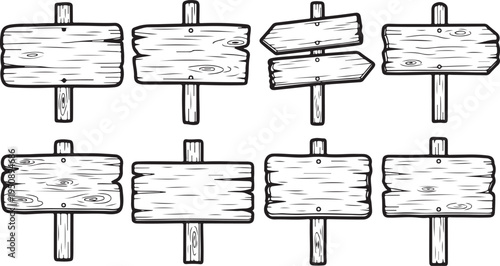 Eight blank wooden signs standing on posts in a row, ready for customization. Vector