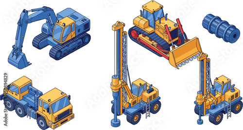 Isometric construction machinery set with excavator, bulldozer, drilling rig and heavy trucks, industrial engineering equipment collection for mining and building operations illustration