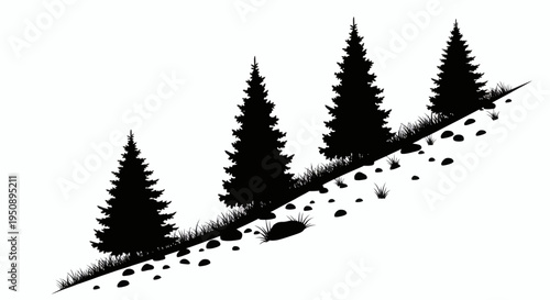 Striking black silhouette illustration of multiple evergreen trees dotting a rugged, sloped landscape design