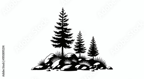 A minimalist black and white illustration of coniferous trees growing among rocks and grass on a white background
