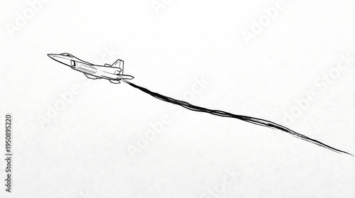 Hand drawn sketch of a jet airplane flying with a long smoke trail.