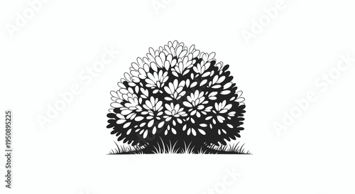 Stylized monochrome illustration of a dense garden bush with intricate foliage, ideal for various design elements