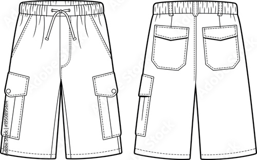 Cargo shorts front and back technical fashion flat sketch with elastic waistband drawstring, utility flap pockets, stitching detail, casual summer menswear vector clothing template