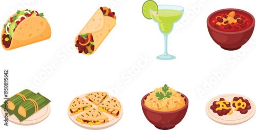 Mexican Cuisine Vector Set Featuring Tacos, Burritos, Margarita, Rice, Quesadillas, and Salsa for Food Menus and Recipe Blogs